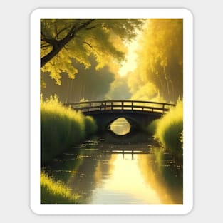 A serene anime canal scene in a rural countryside Sticker